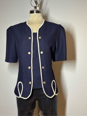 Clockwise Navy Short-Sleeve Structured Blazer with White Trim Size M
